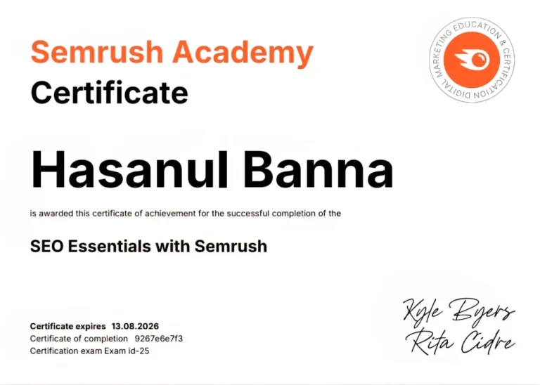 image of semrush certificate of best freelance digital marketer in dubai